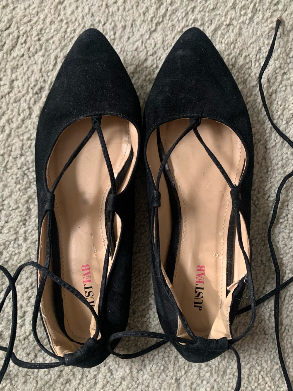 ❤️5 for $20❤️JustFab Black Pointed Lace-Up Flats with Crisscross Straps